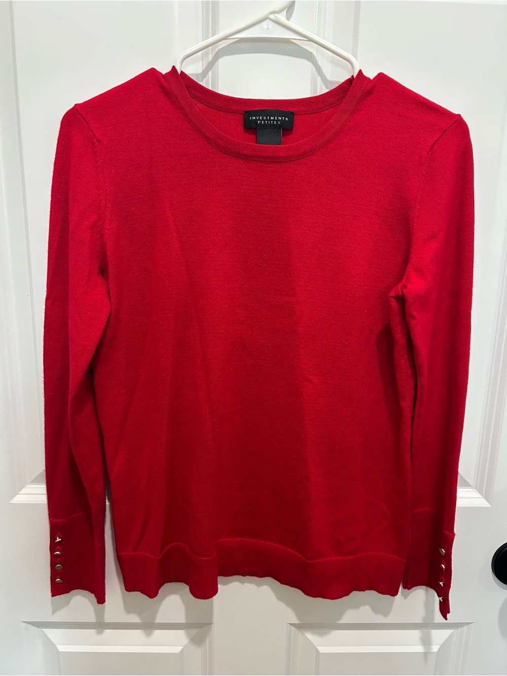 Investments Bright Red Long Sleeve Crewneck Top with Cuff Buttons
